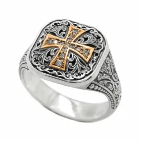 Byzantine Medieval Gold Cross with Pattern Mens Sterling Silver Ring