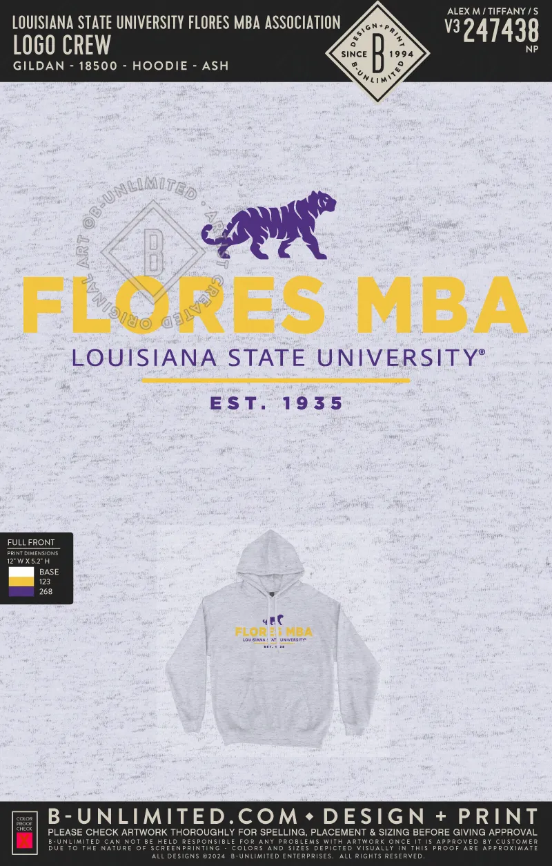 Louisiana State University Flores MBA Association - Logo crew - Gildan - 18500 - Hoodie - Ash Grey