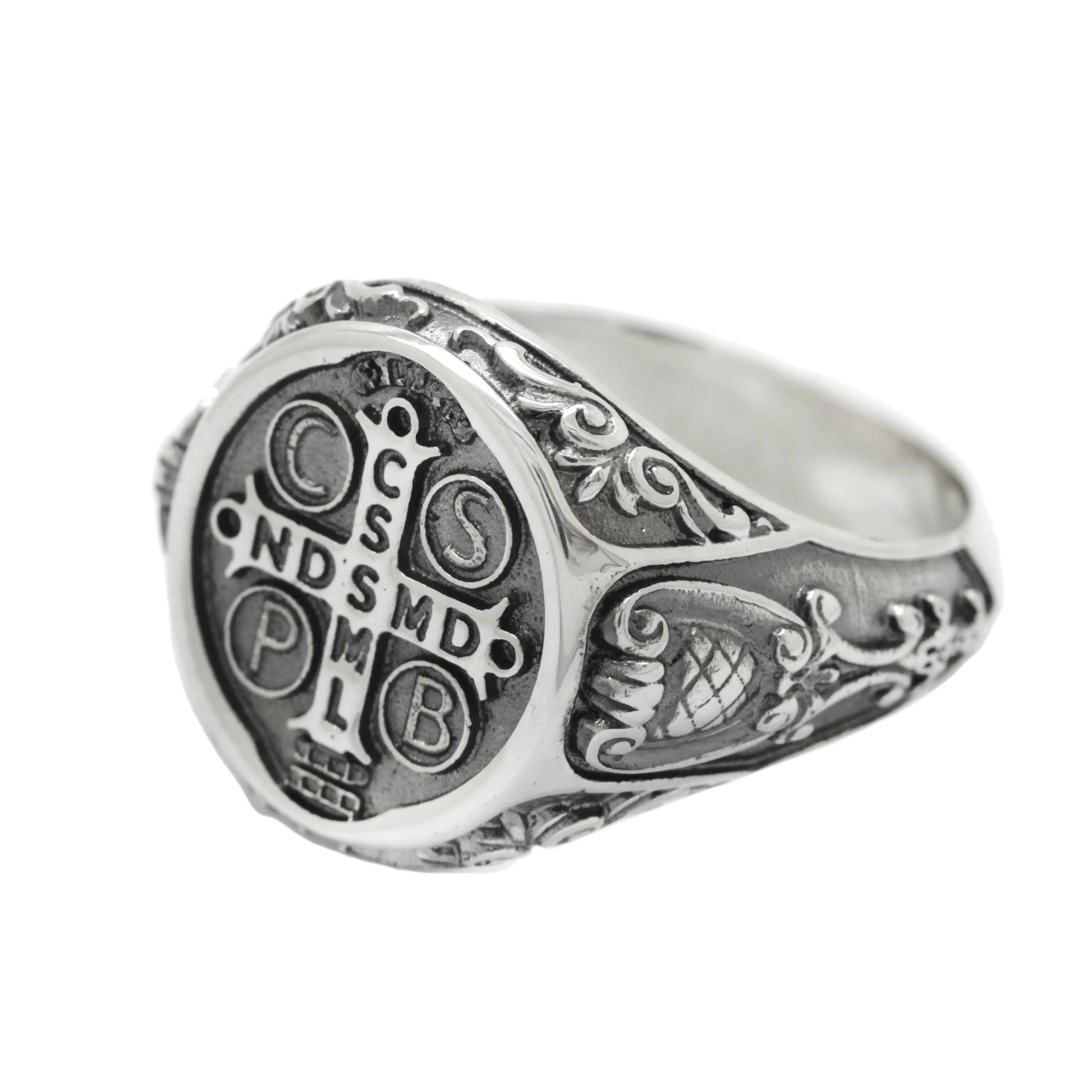 Saint Benedict Medal Exorcism Catholic Baroque Style Sterling Silver Signet Ring