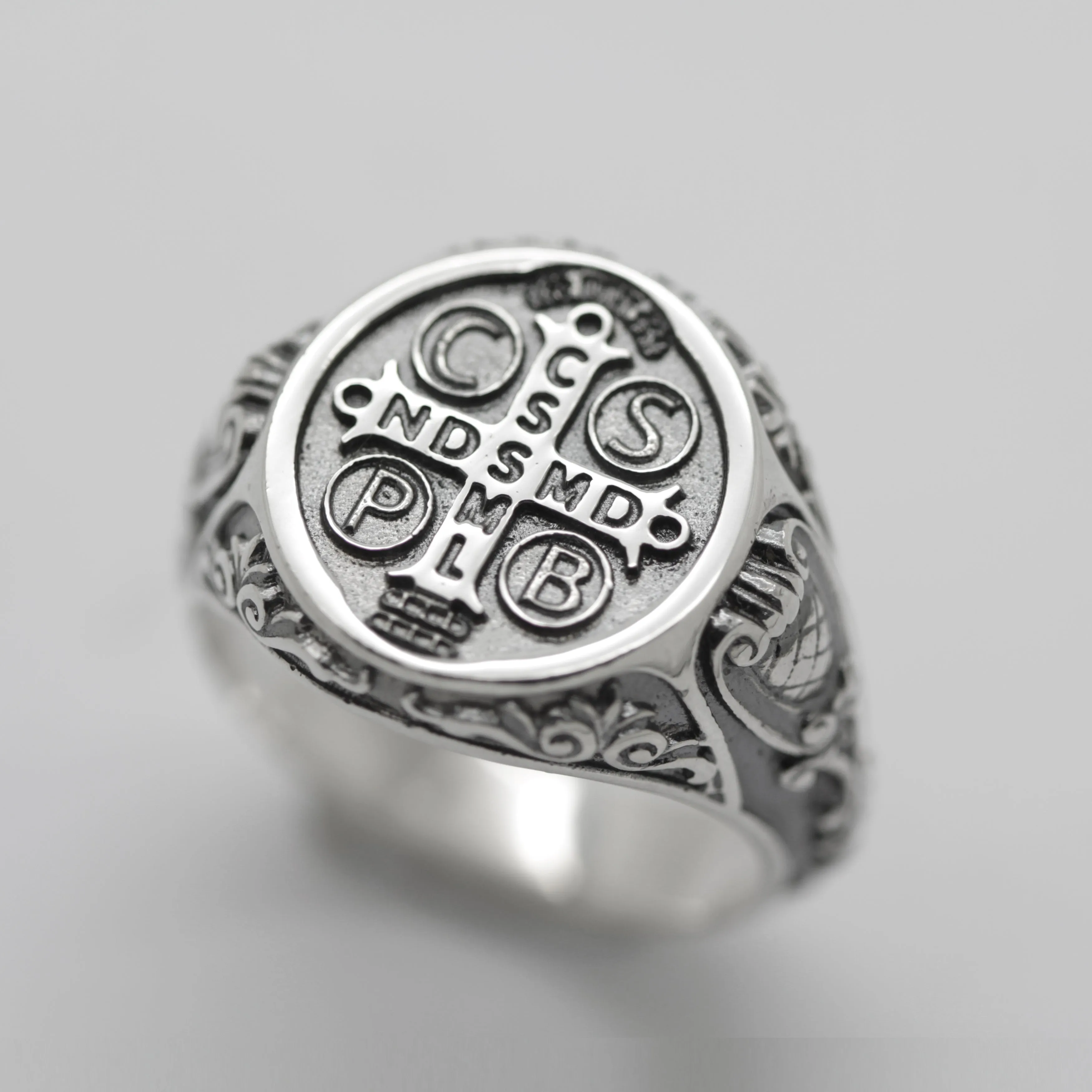 Saint Benedict Medal Exorcism Catholic Baroque Style Sterling Silver Signet Ring