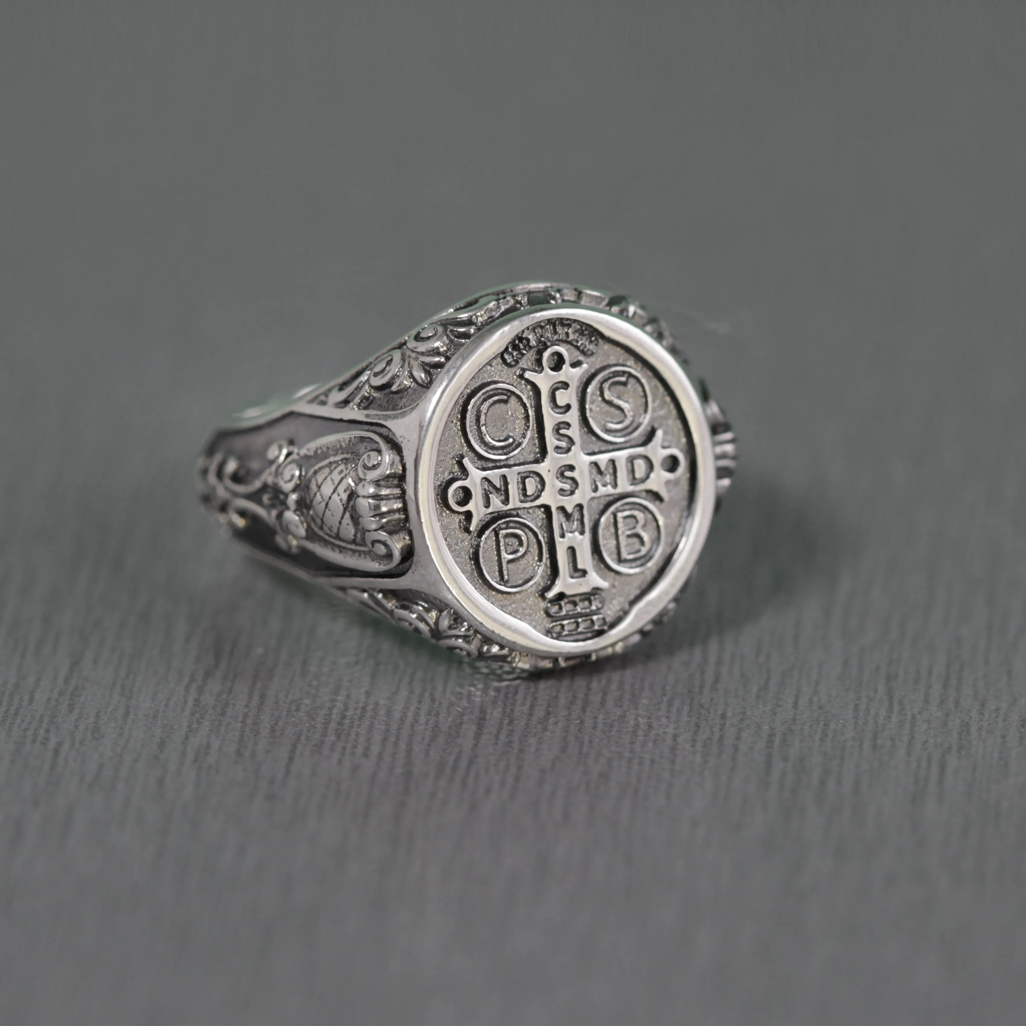 Saint Benedict Medal Exorcism Catholic Baroque Style Sterling Silver Signet Ring