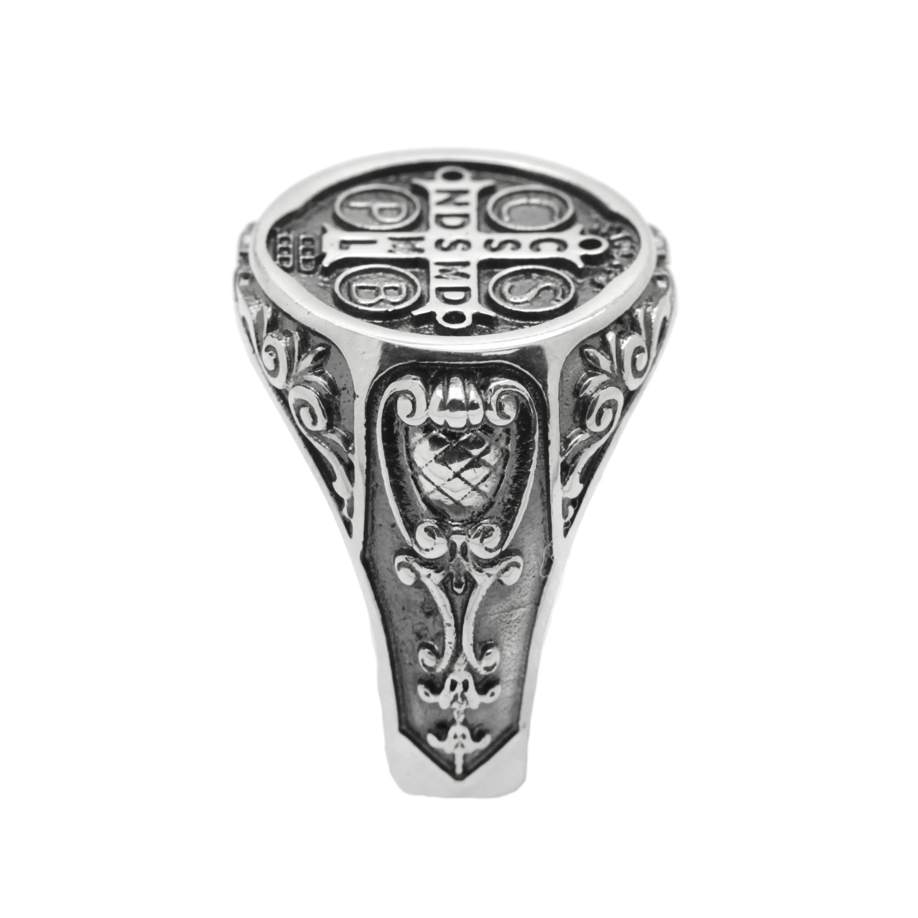 Saint Benedict Medal Exorcism Catholic Baroque Style Sterling Silver Signet Ring