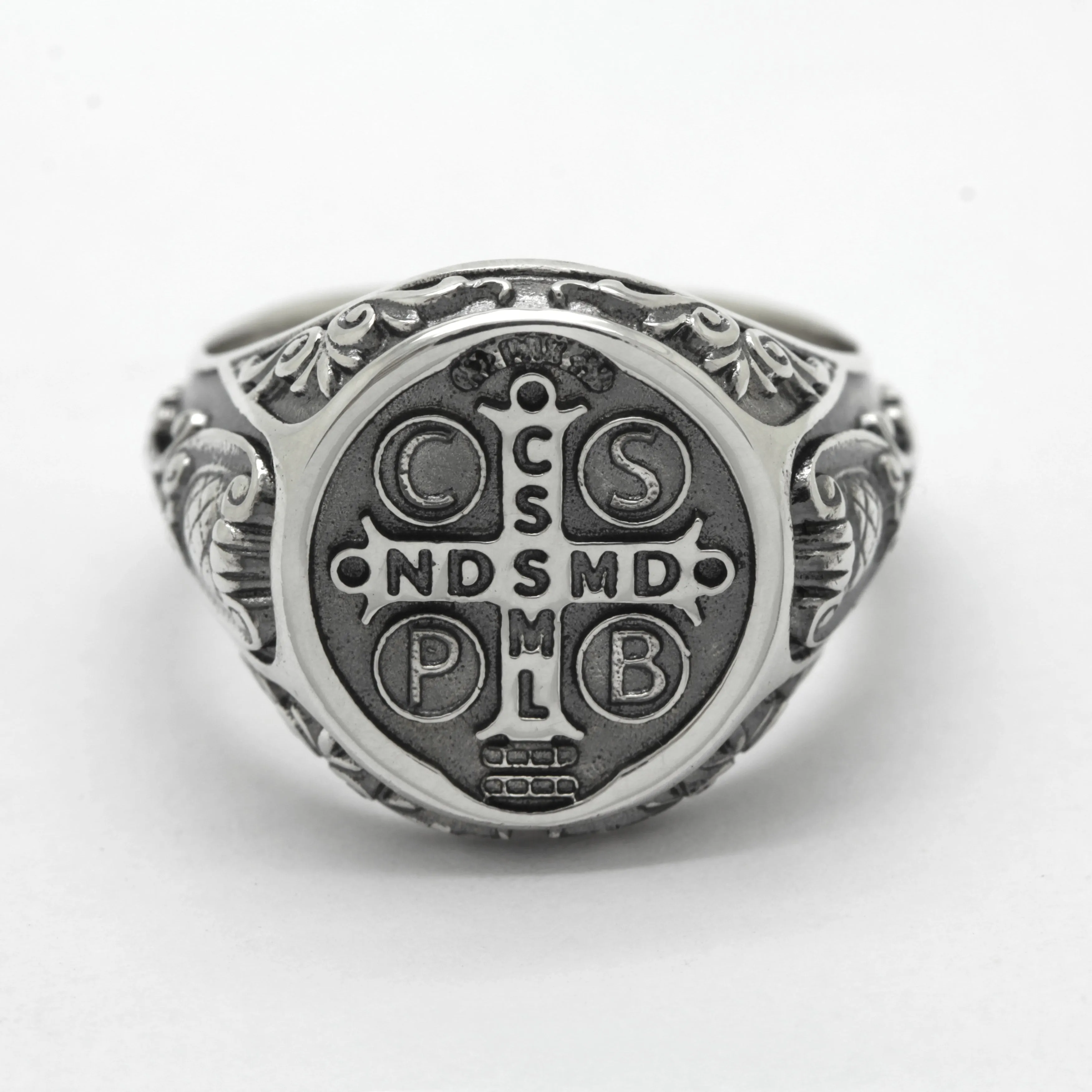 Saint Benedict Medal Exorcism Catholic Baroque Style Sterling Silver Signet Ring