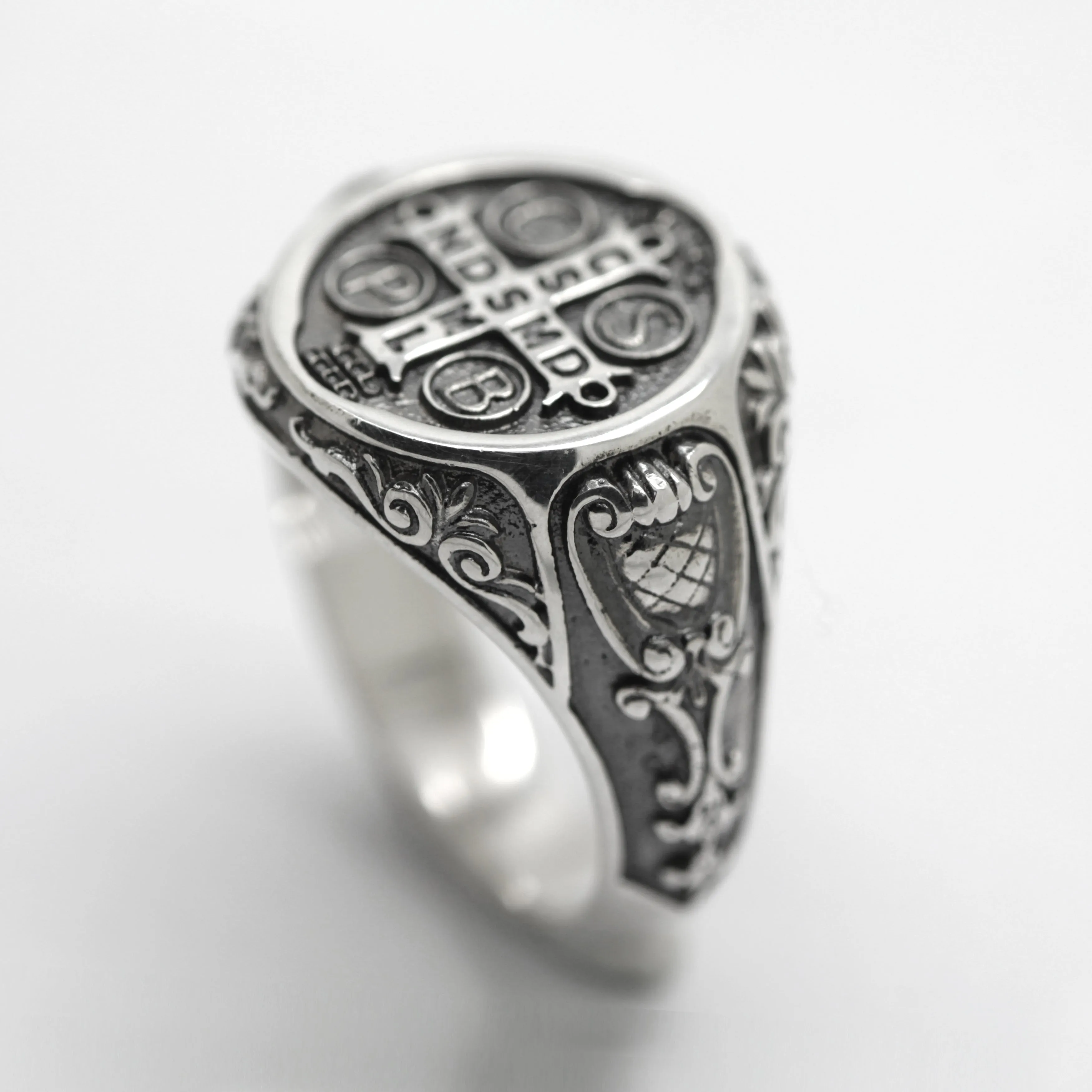 Saint Benedict Medal Exorcism Catholic Baroque Style Sterling Silver Signet Ring