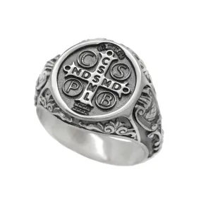 Saint Benedict Medal Exorcism Catholic Baroque Style Sterling Silver Signet Ring