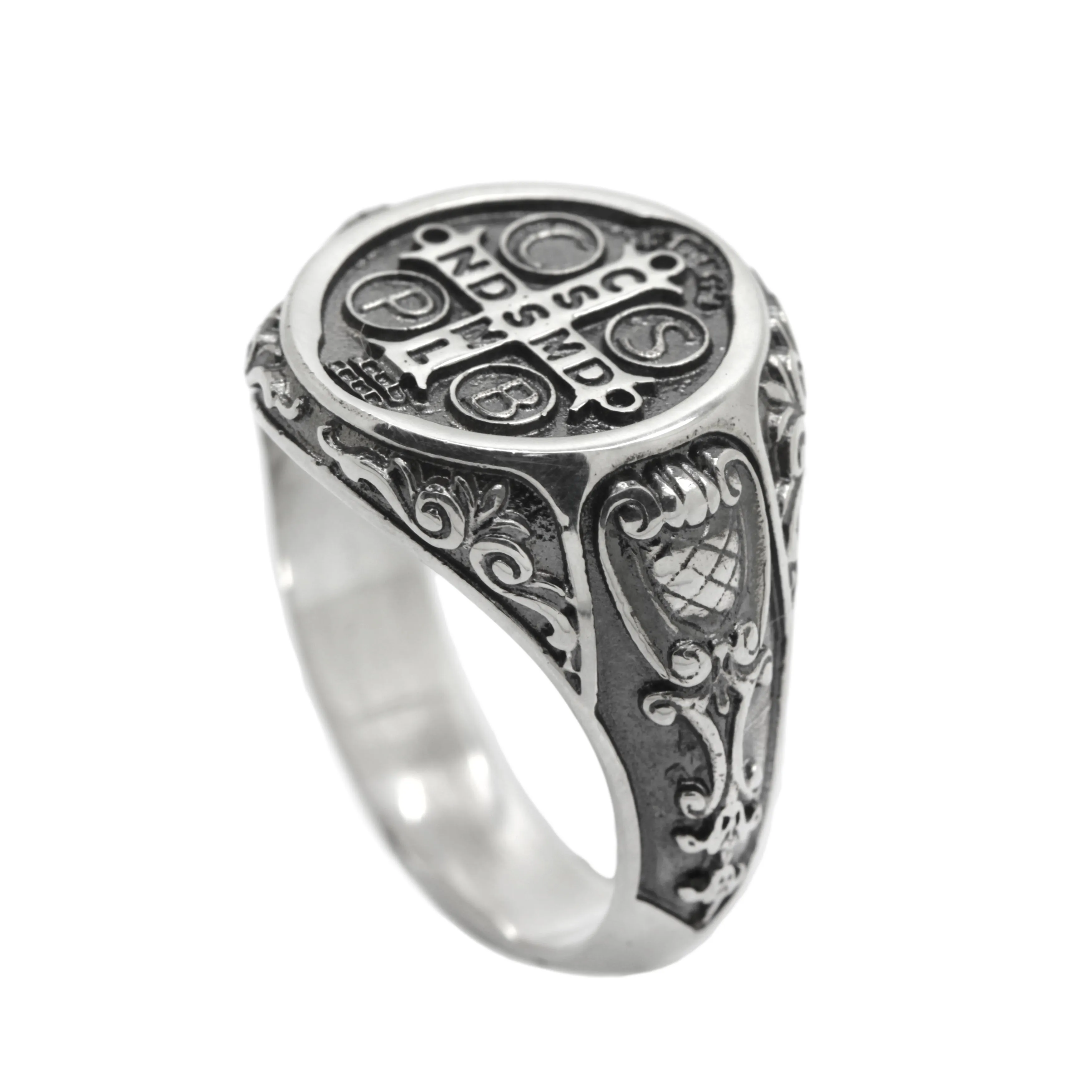 Saint Benedict Medal Exorcism Catholic Baroque Style Sterling Silver Signet Ring